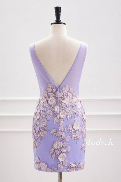 Lavender Plunging Neck Bodycon Homecoming Dress with 3D Floral