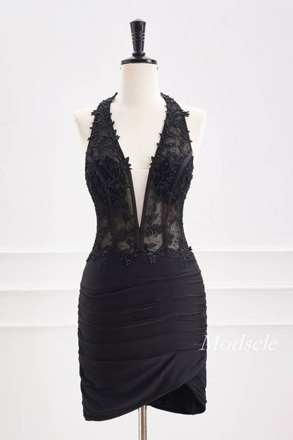 Plunging Neck Black Applique Beaded Bodycon Homecoming Dress