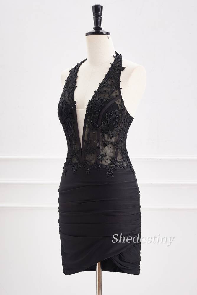 Black Halter Bodycon Short Homecoming Dress with Applique