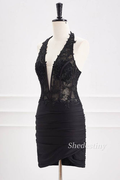 Black Halter Bodycon Short Homecoming Dress with Applique