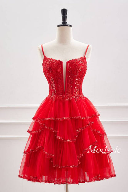 Red Spaghetti Straps Sequin Ruffle Homecoming Dress