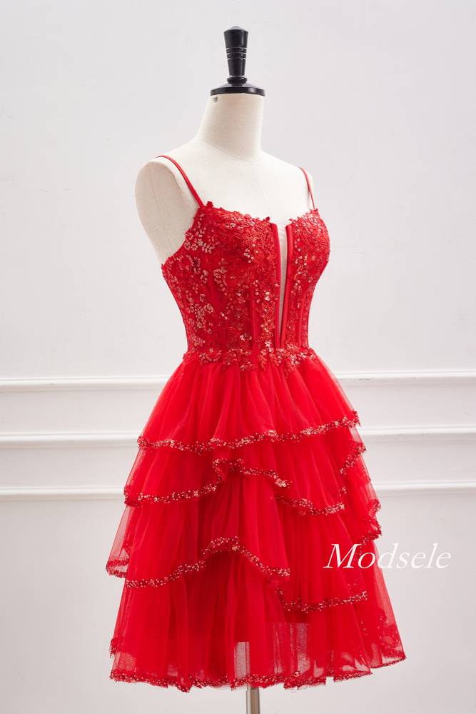 Red Spaghetti Straps Sequin Ruffle Homecoming Dress