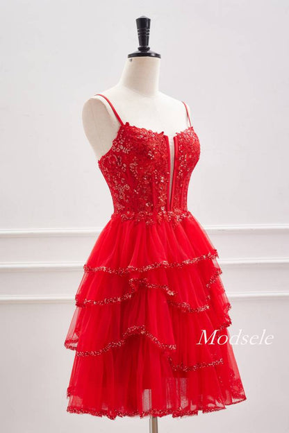 Red Spaghetti Straps Sequin Ruffle Homecoming Dress