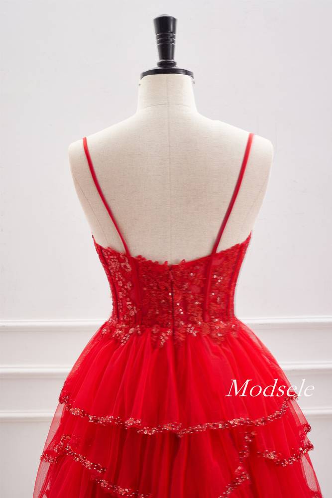 Red Spaghetti Straps Sequin Ruffle Homecoming Dress