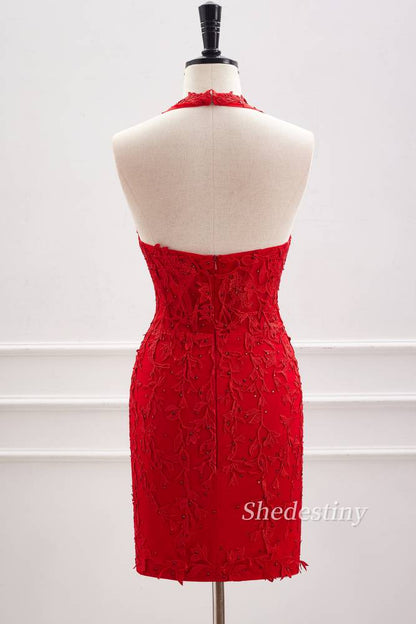 Red Plunging Neck Tight Homecoming Dress with Rhinestone