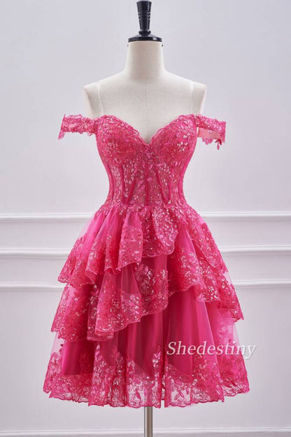 Fuchsia Sequins Off the Shoulder Short Homecoming Dress