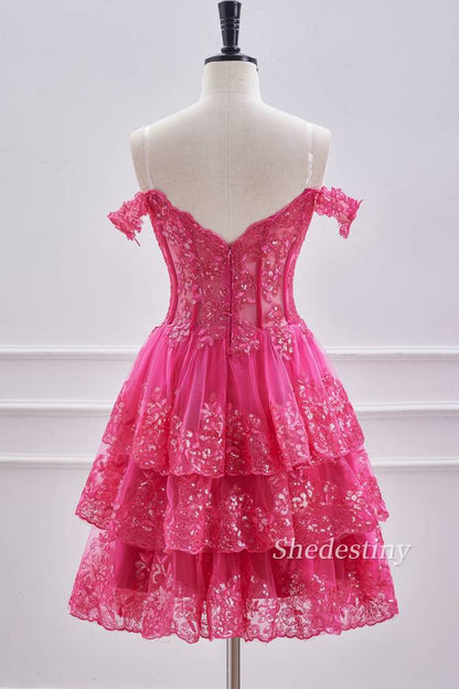 Fuchsia Sequins Off the Shoulder Short Homecoming Dress