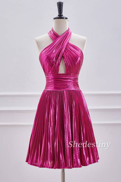 Fuchsia Metallic Halter A Line Short Homecoming Dress