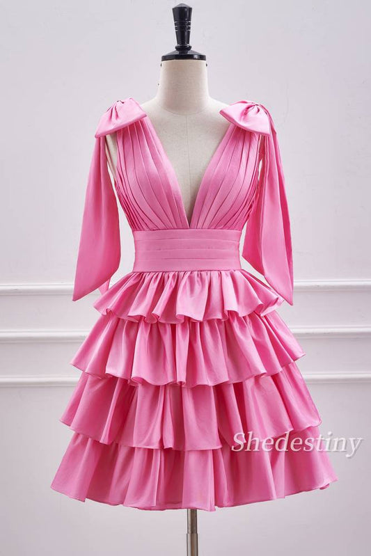 Cute Pink V-Neck A Line Short Party Dress