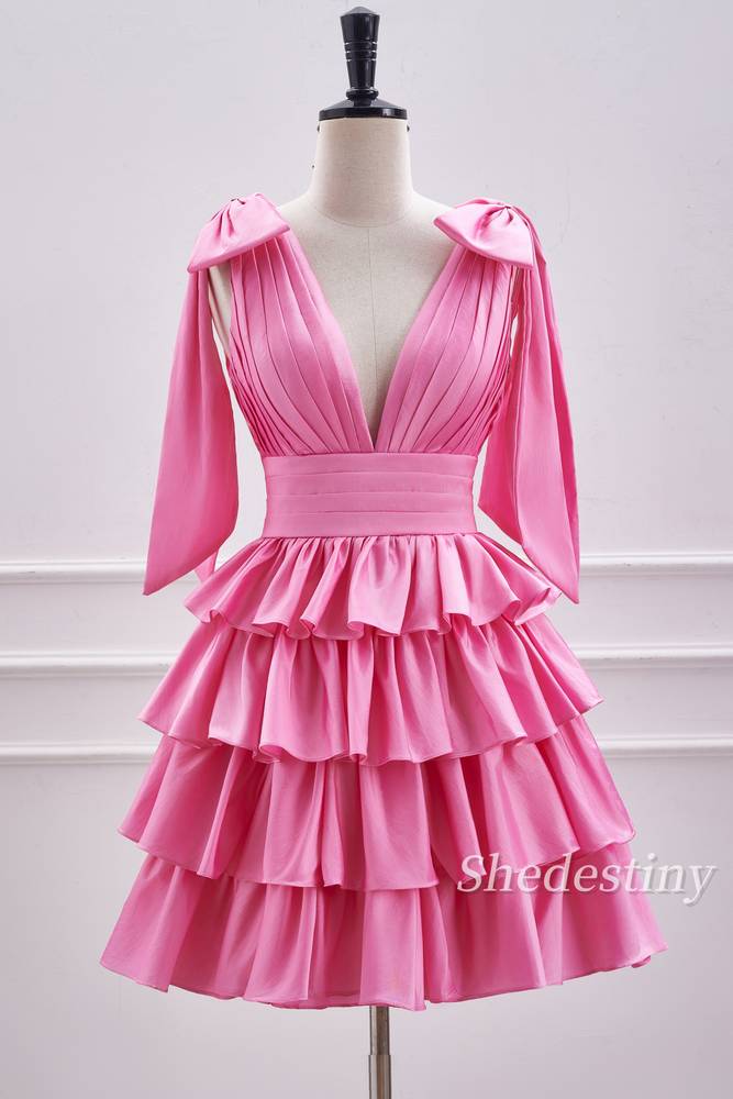 Cute Pink V-Neck A Line Short Party Dress