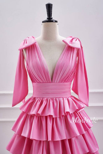 V-Neck Pink Pleated Ruffle Homecoming Dress