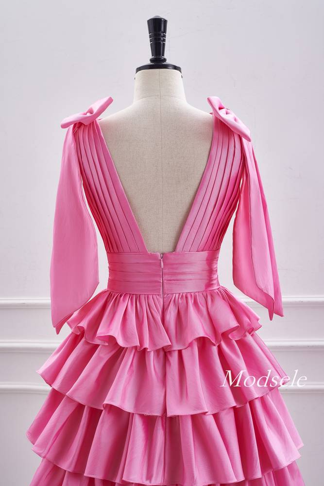 V-Neck Pink Pleated Ruffle Homecoming Dress