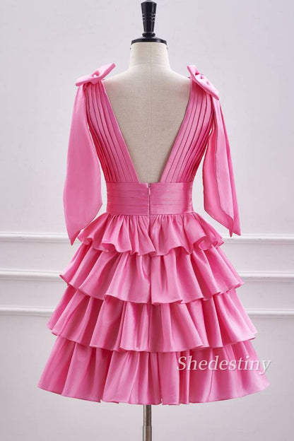 Cute Pink V-Neck A Line Short Party Dress
