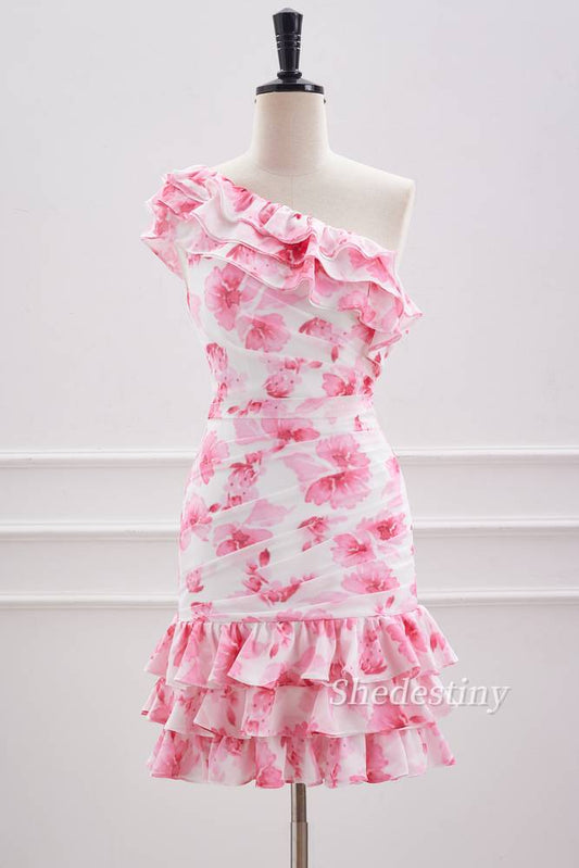 Pink One Shoulder Print Short Homecoming Dress