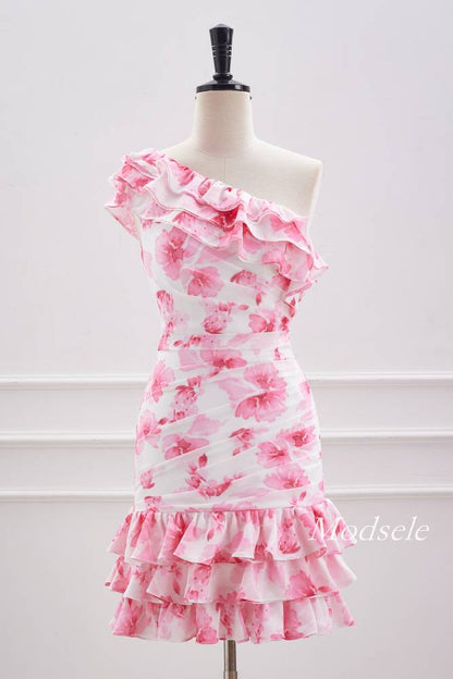 Pink Floral Print One Shoulder Tight Ruffle Homecoming Dress