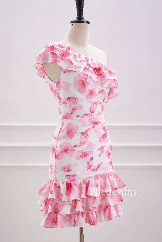 Pink One Shoulder Print Short Homecoming Dress