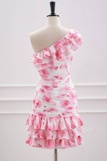 Pink One Shoulder Print Short Homecoming Dress