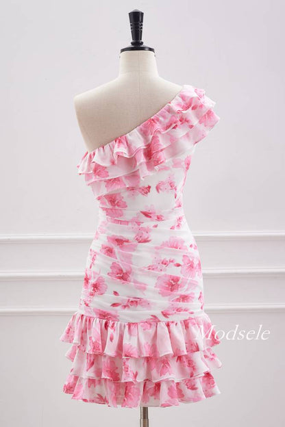 Pink Floral Print One Shoulder Tight Ruffle Homecoming Dress