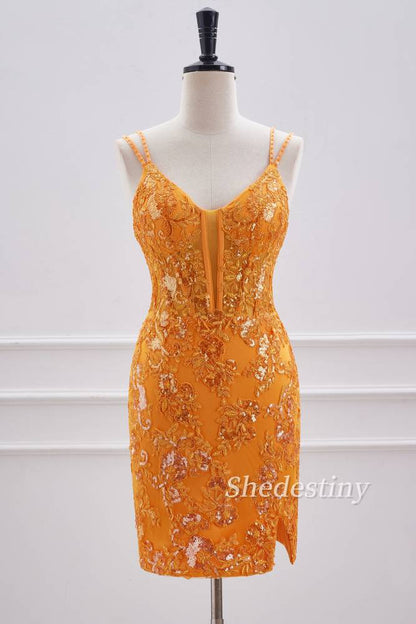 Marigold Double Spaghetti Straps Tight Short Formal Dress