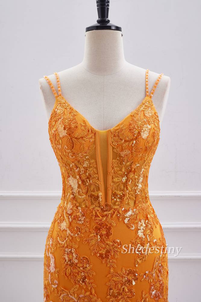 Marigold Double Spaghetti Straps Tight Short Formal Dress