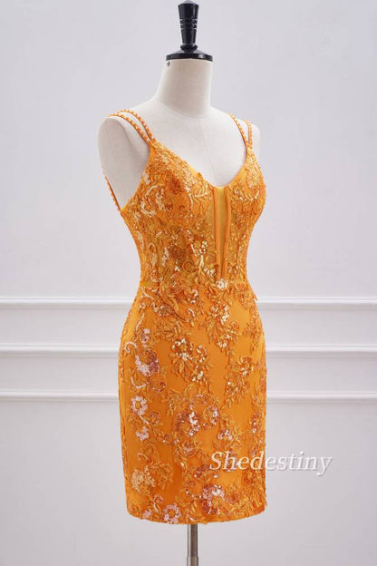 Marigold Double Spaghetti Straps Tight Short Formal Dress
