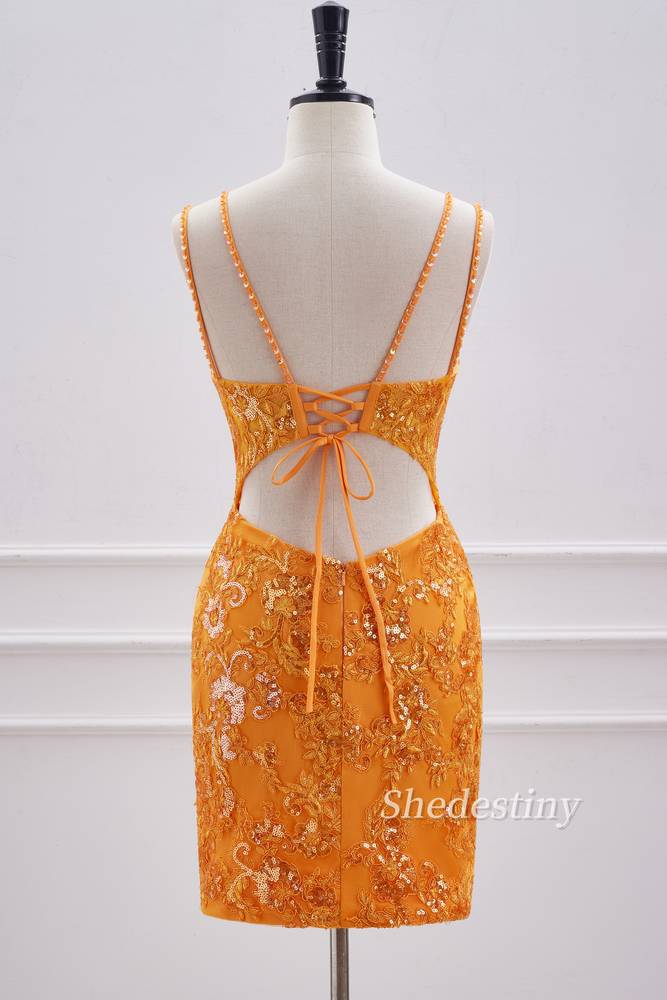 Marigold Double Spaghetti Straps Tight Short Formal Dress