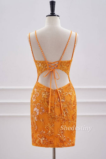 Marigold Double Spaghetti Straps Tight Short Formal Dress