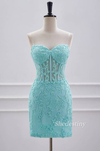 Turquoise Applique Strapless Tight Homecoming Dress