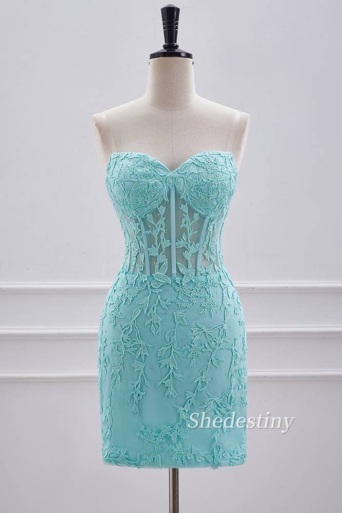 Turquoise Applique Strapless Tight Homecoming Dress