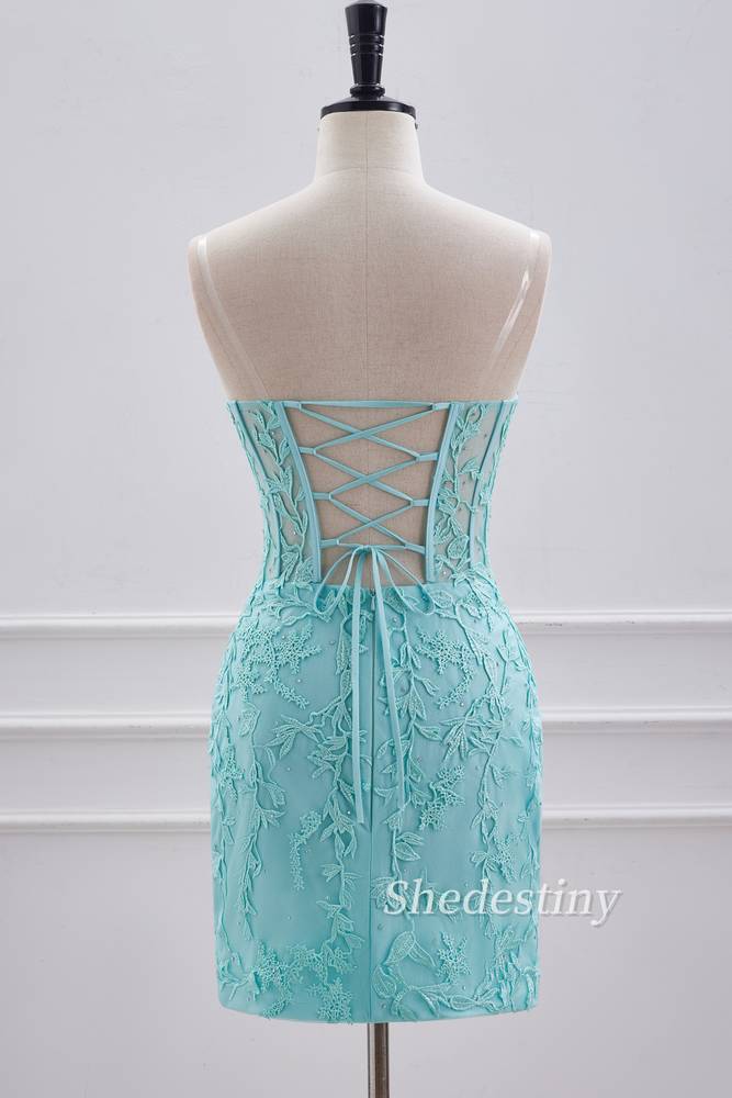 Turquoise Applique Strapless Tight Homecoming Dress