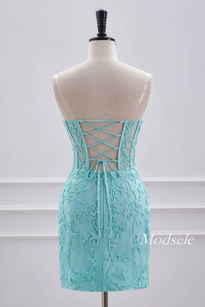 Strapless Aqua Green Applique Tight Homecoming Dress with Lace-up