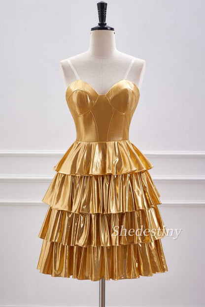 Gold Strapless A-Line Ruffle Metallic Homecoming Dress