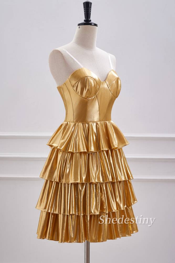 Gold Strapless A-Line Ruffle Metallic Homecoming Dress