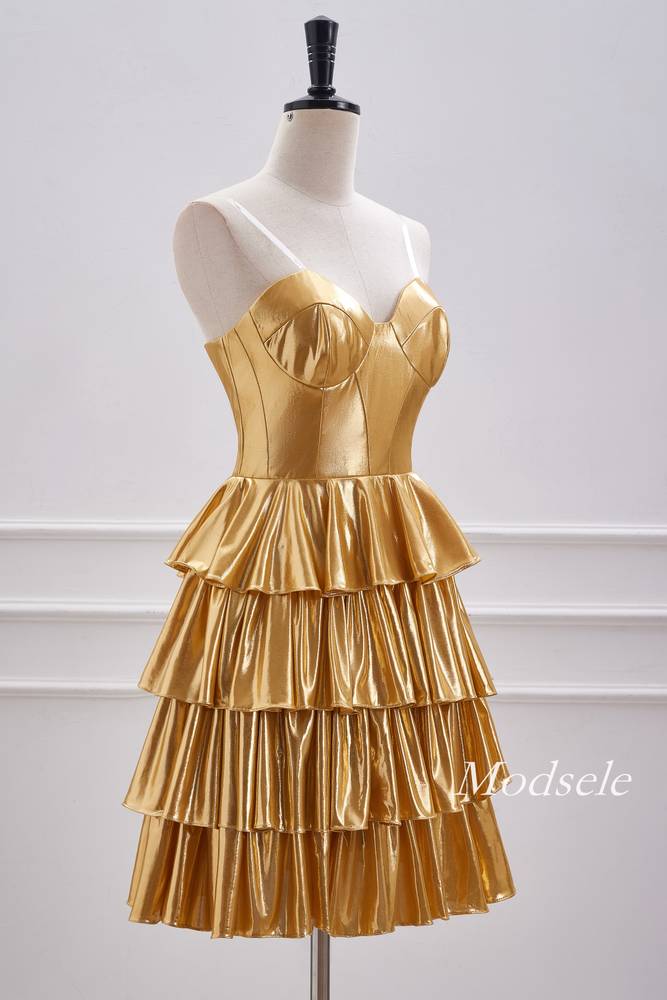 Strapless Gold Metallic A-Line Ruffle Homecoming Dress