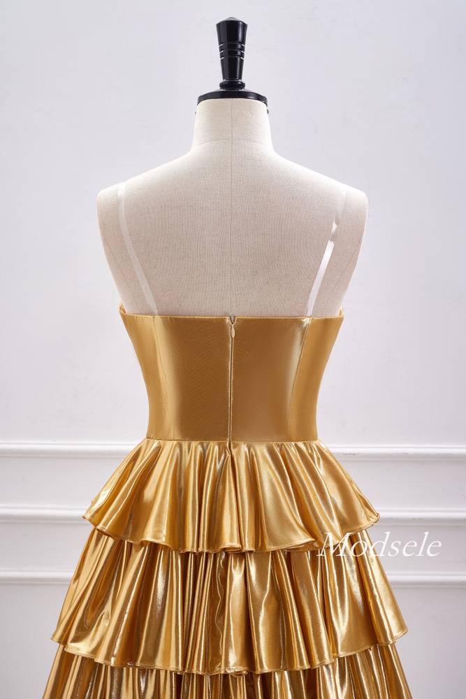 Strapless Gold Metallic A-Line Ruffle Homecoming Dress