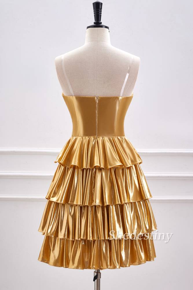 Gold Strapless A-Line Ruffle Metallic Homecoming Dress