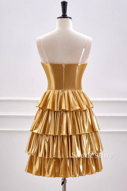 Gold Strapless A-Line Ruffle Metallic Homecoming Dress