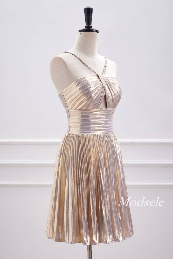 Champagne Metallic Spaghetti Strap Pleated A-Line Homecoming Dress