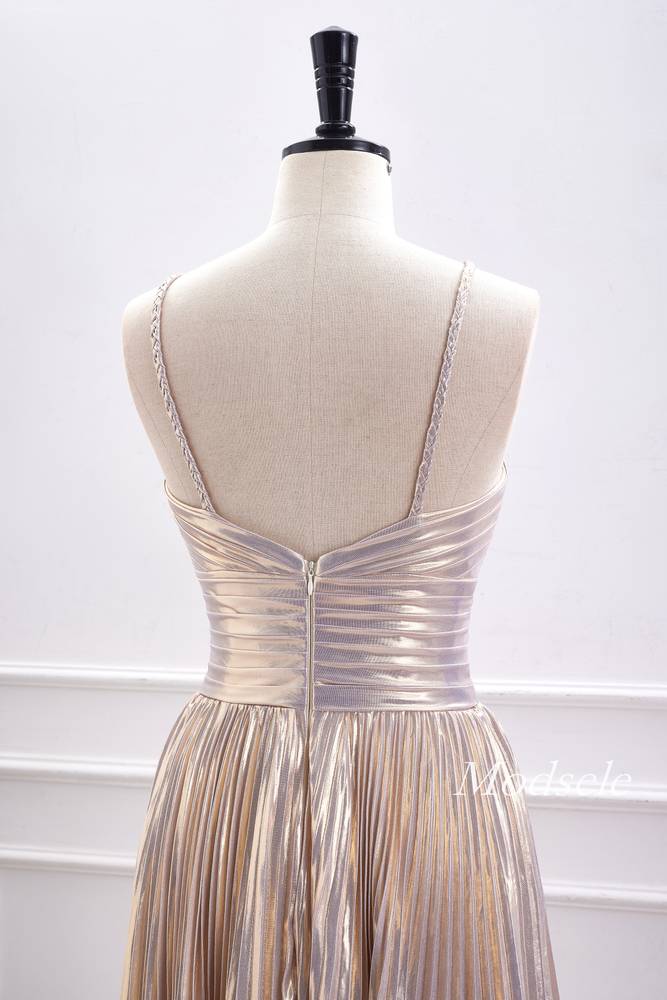 Champagne Metallic Spaghetti Strap Pleated A-Line Homecoming Dress