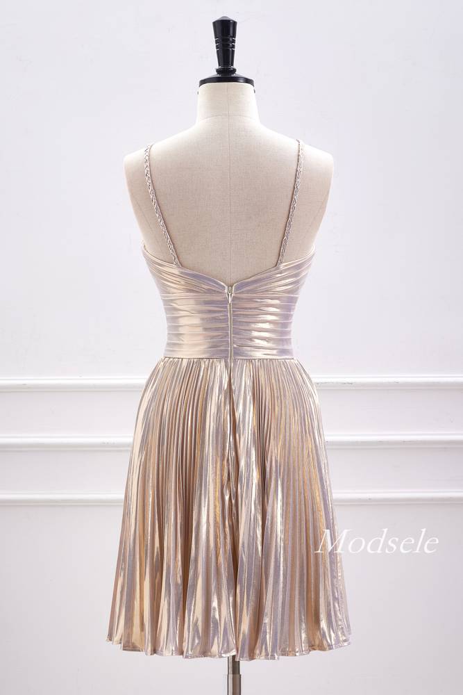 Champagne Metallic Spaghetti Strap Pleated A-Line Homecoming Dress