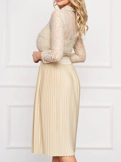 A-Line Mother of the Bride Dress Elegant Jewel Neck Knee Length Chiffon Lace 3/4 Length Sleeve with Pleats Embroidery - RongMoon
