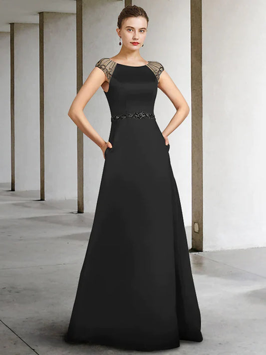 A-Line Mother of the Bride Dress Elegant Jewel Neck Floor Length Satin Sleeveless with Sash Ribbon