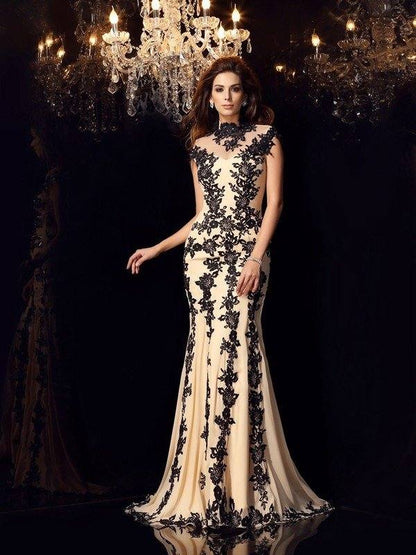 Trumpet/Mermaid High Neck Applique Sleeveless Long Chiffon Dresses - RongMoon