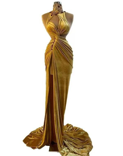 Gold Evening Dresses Sheath High Collar Velvet Beaded Slit Long Turkey Dubai Saudi Arabic Evening Gown Prom Dresses - RongMoon