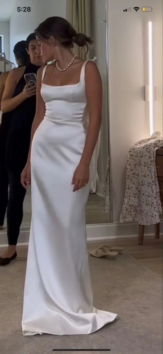 White Straps Sheath Backless Light Wedding Dress Simple Party Dress Formal Dress