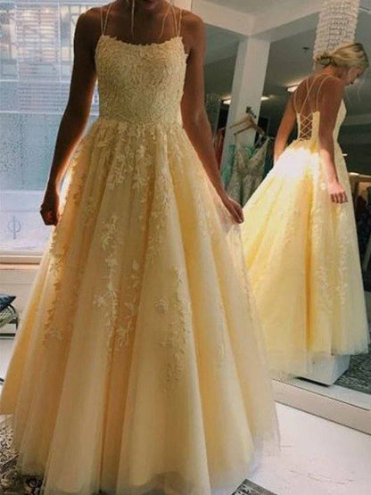A-Line/Princess Tulle Applique Spaghetti Straps Sleeveless Sweep/Brush Train Dresses - RongMoon