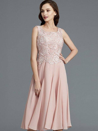 A-Line/Princess Sleeveless Scoop Tea-Length Chiffon Mother of the Bride Dresses - RongMoon