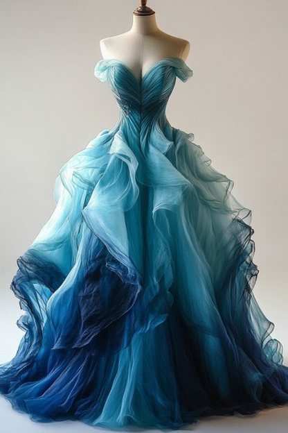 Vintage Ombre Blue Tulle Off The Shoulder Evening Dress,Formal Birthday Ball Gown cc2817