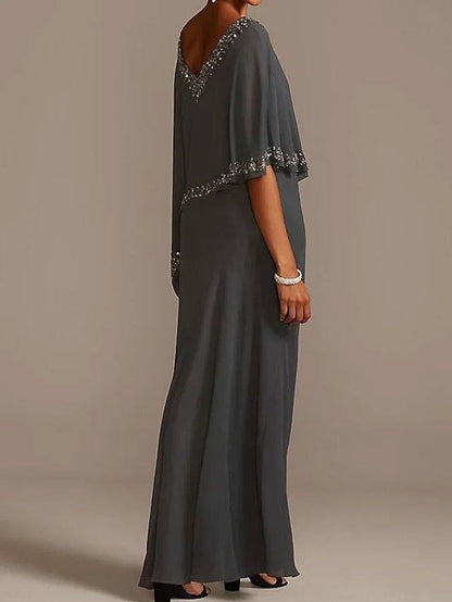 Sheath / Column Mother of the Bride Dress Elegant V Neck Floor Length Chiffon Half Sleeve with Beading - RongMoon
