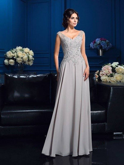 A-Line/Princess V-neck Beading Sleeveless Long Chiffon Mother of the Bride Dresses - RongMoon